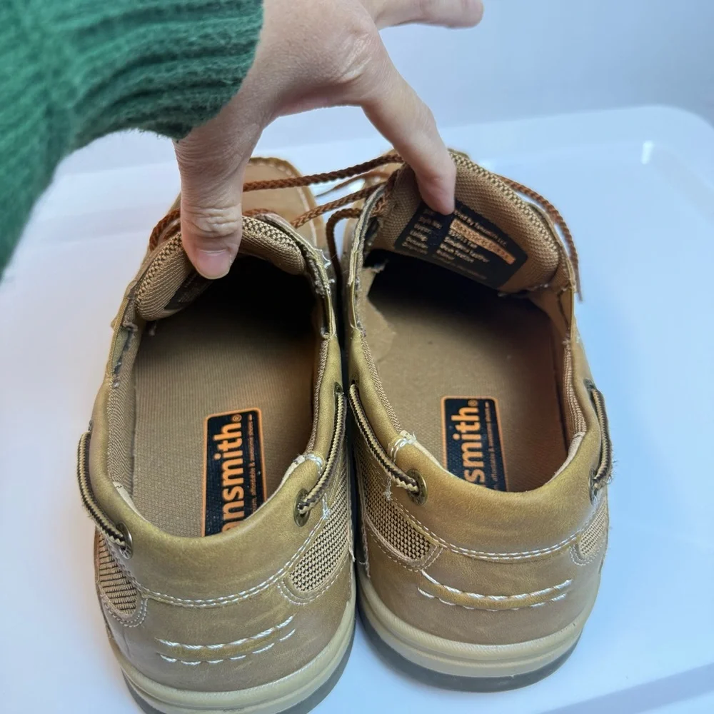 Tansmith Mens‎ Tan Boat Shoes sz 8.5 Boho Casual Lace Up Simulated Leather Mesh